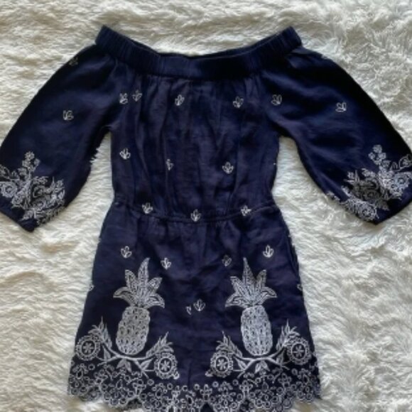 Farm Rio for Anthropologie Linen Embroidered Jackie Romper Navy XS - Picture 1 of 7